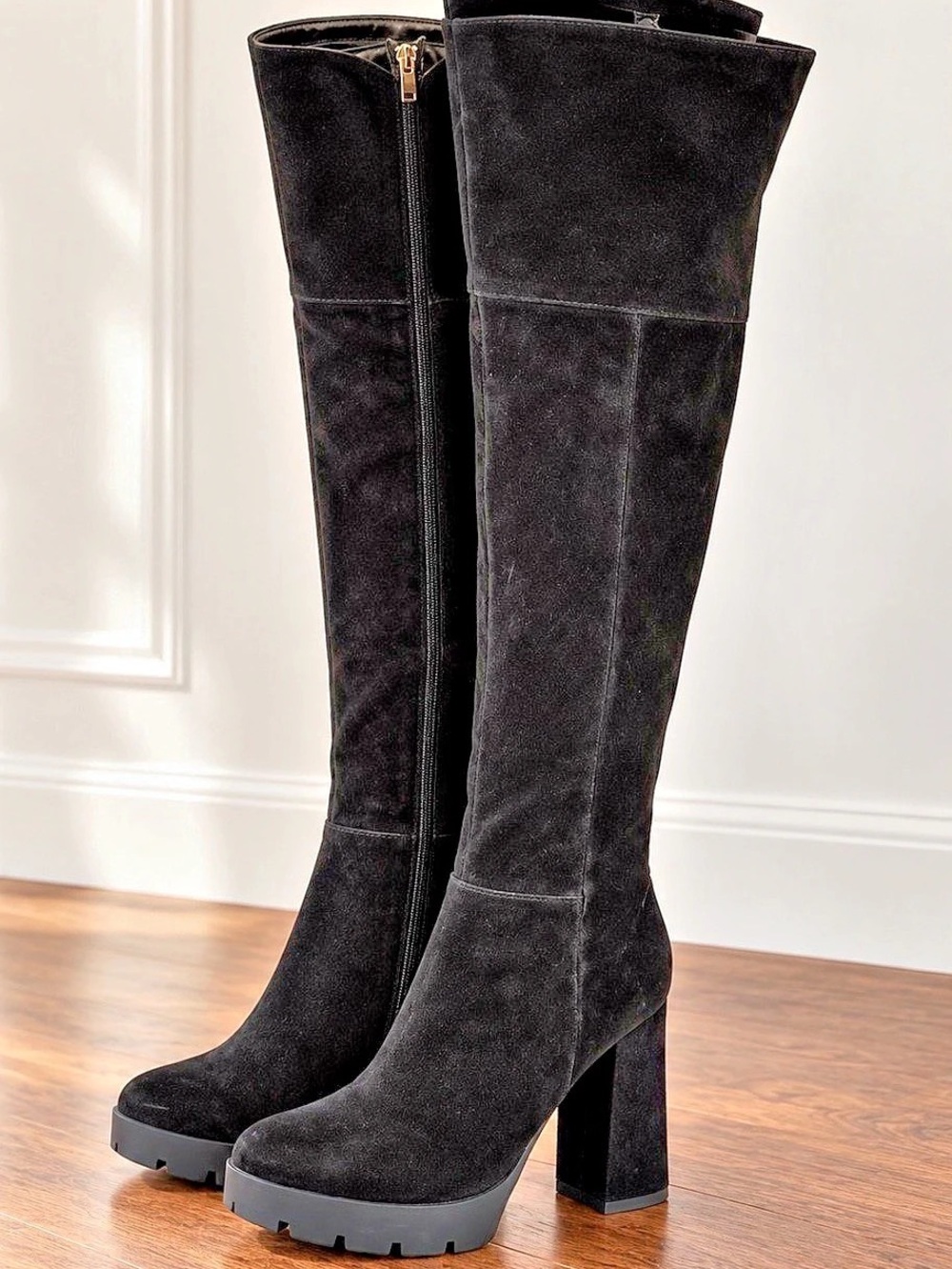 Black Suede Over the Knee Platform Boots Size 38 Block Heel
